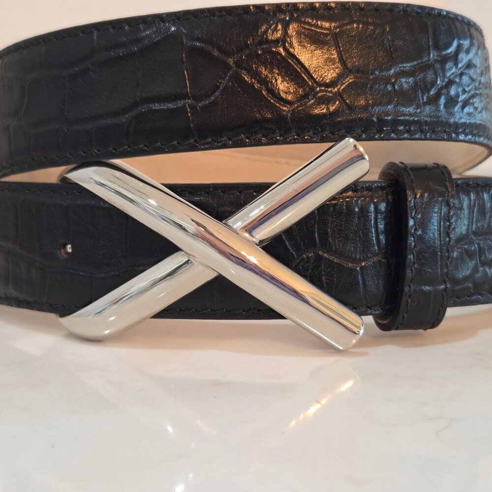 Doncaster Black Genuine‎ Leather Belt With Silver X Buckle Made In Italy Size M